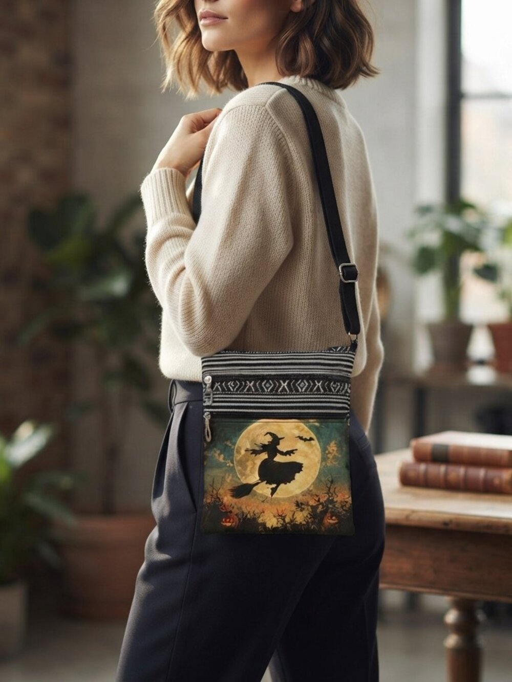 Halloween Witch Bat Crossbody Bag, Black White Striped Purse
